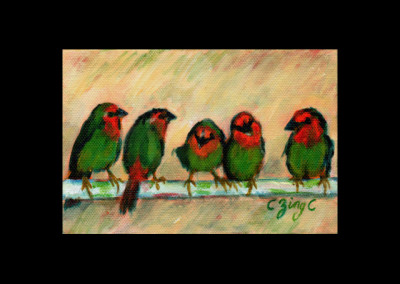 5 red, green birds, 8"x 6"
